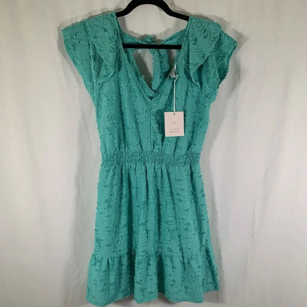 Lauren Conrad Mini Dress Women's Small Green Floral Tie Back Short Sleeve New